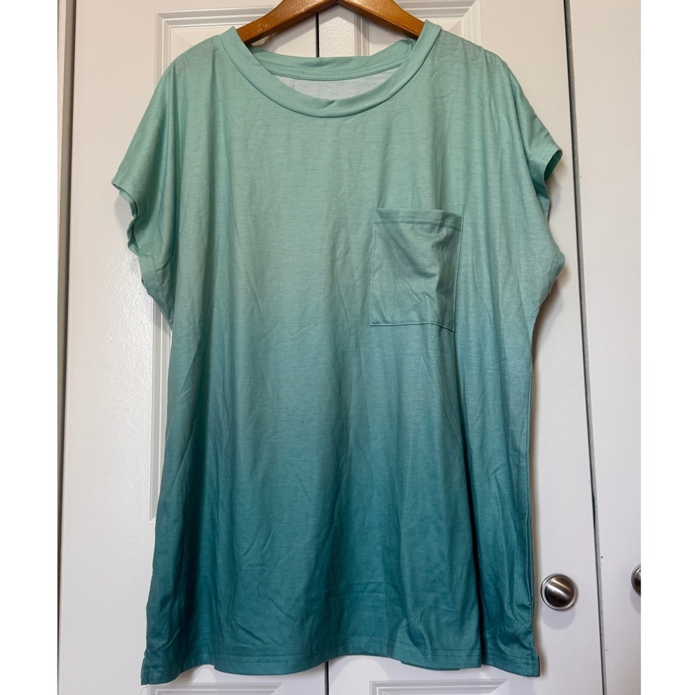 Unbranded Ombre Green Teal Pocket T-Shirt Womens Large Short Sleeve Crew Neck